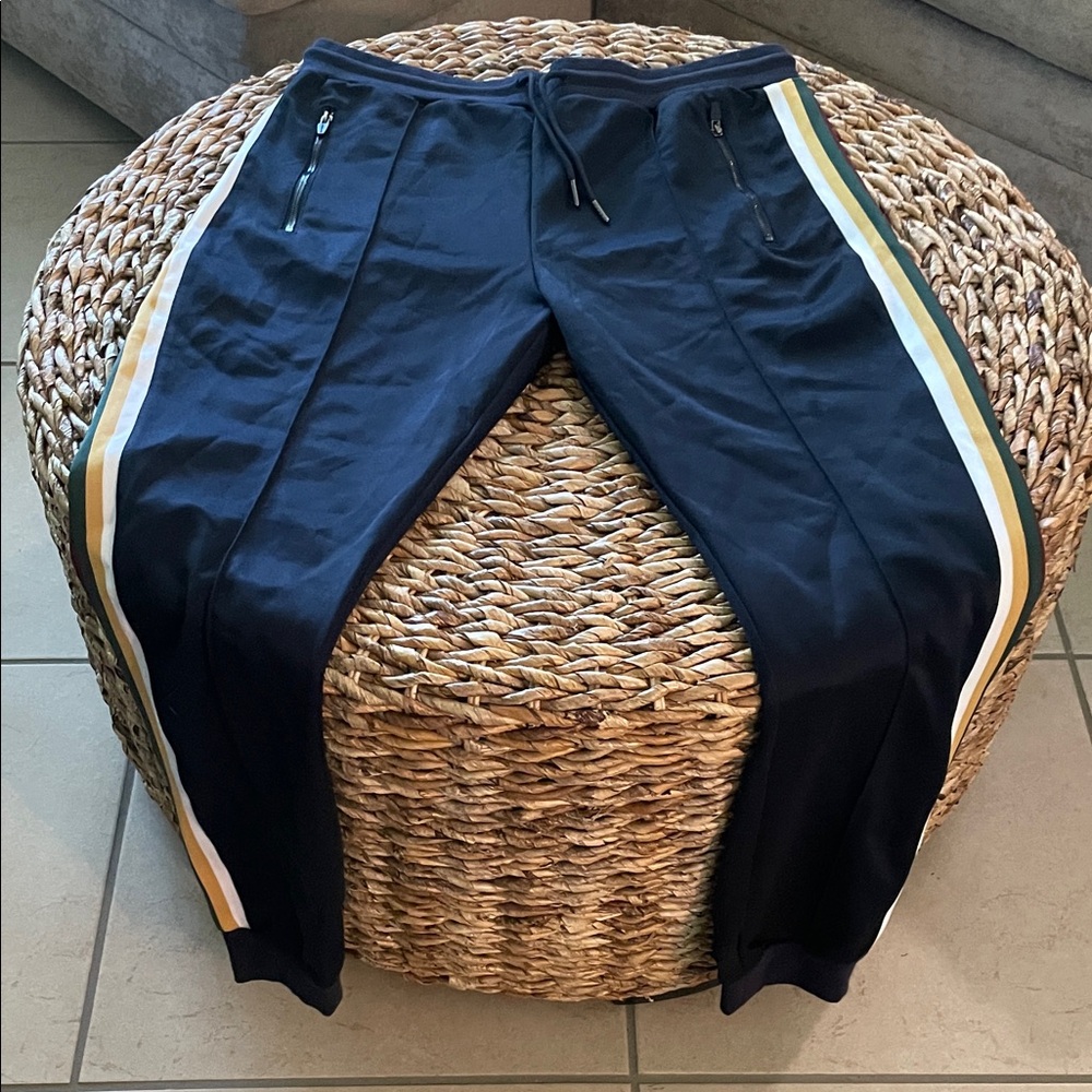Jared Lang Navy Joggers with Yellow and White Stripes